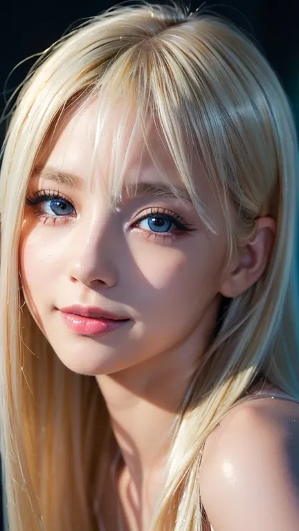 light smile、night、Live shooting、(((Portrait of extreme beauty)))、((glowing skin))、1 girl、11 years old beautiful girl in Prague、((Bright platinum blonde hair))、[Very beautiful bright light blue big eyes]、Shiny glossy skin、silky super long straight hair、eyel...