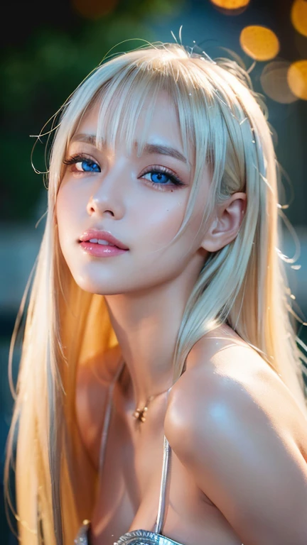 light smile、night、Live shooting、(((Portrait of extreme beauty)))、((glowing skin))、1 girl、11 years old beautiful girl in Prague、((Bright platinum blonde hair))、[Very beautiful bright light blue big eyes]、Shiny glossy skin、silky super long straight hair、eyel...