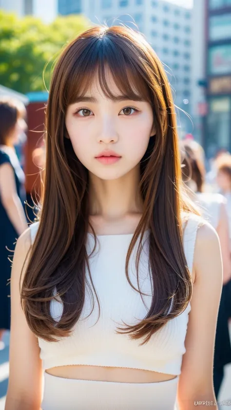 (best quality, 8k, 32k, masterpiece, UHD:1.2), ultra high res, (pretty Korean girl), 13 years old, (full body), beautiful detailed eyes, semi long brown hair, bangs, crowded City street, (detailed background:1.5)