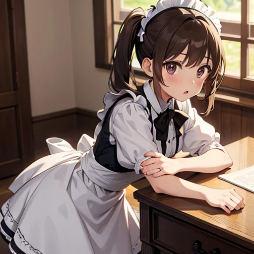 girl, anime, master piece, best quality, ultra-detailed, from above, leaning forward while standing, maid, brown pigtails, enraptured expression