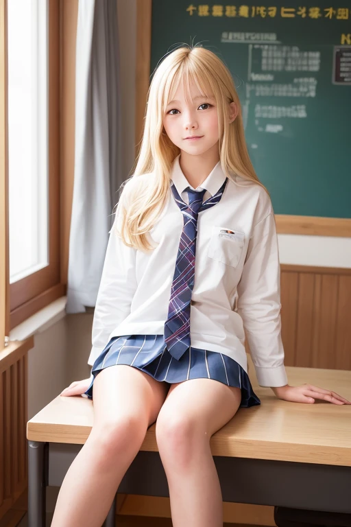 a very cute blonde 14yo girl, naked over school uniform, sitting, m-shaped legs, raw photo