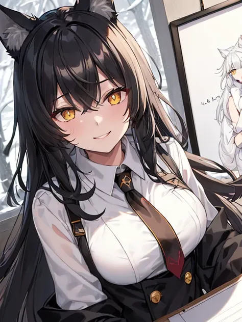 Black Haired, (Long hairstyles), Yellow Vertical pupil,(Vertical Eyes), Wolf ears, (Wicked Smiles), A girl, Wearing a White Suit Design Fur under The Neck, Aesthetic Design, Underneath Black shirt, Red Necktie, (((Holding White Board Front Written Gay Lord...