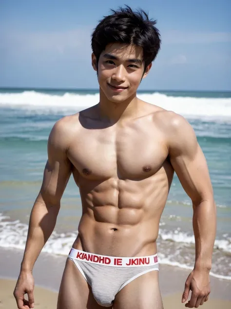 Japanese male model in a briefs, Full Body Shoot, Quiff haircut, look at camera, detailed facial parts, Manly, Charmer, Active Boy, beach background, Freestyle Pose, Happy Expression, perfect anatomy, symmetric body, asian boy 19 years old, shirtless :: hi...