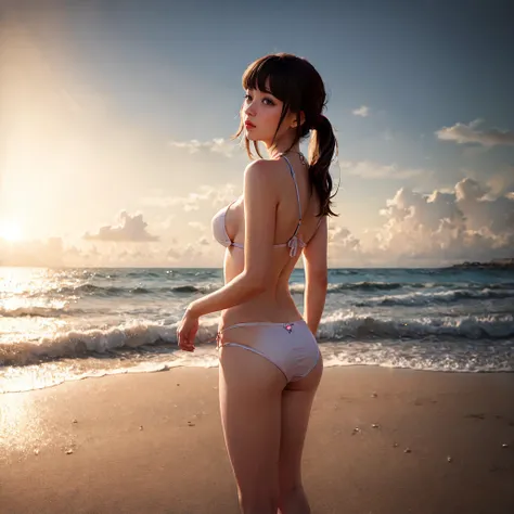 a KAWAII girl with a Halo  wearing a tiny string bikini, jumping on a sandy beach, under the warm sunset light. Her eyes look captivating and mysterious, with long eyelashes and a hint of playful charm. The bikini is pure white, with elaborate lace pattern...