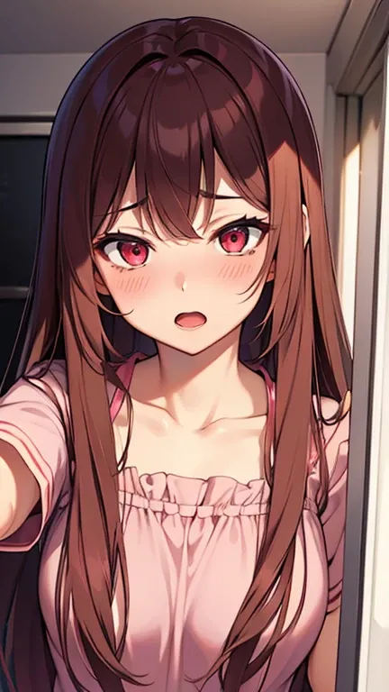 20 years old, beautiful, shy face, blushing, ahegao, red eye, pink dress, light brown long hair, open mouth