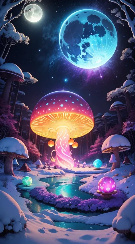 A beautiful magical orb that swirls with magical energy in brightly glowing vivid colors，snow forest and colorfull mushroom，lighting colorfull butterfly，big moon，blue river，Sakura，more followers