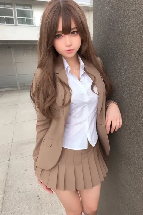 ((best quality)), ((masterpiece)), (detailed), perfect face, 1 girl, (brown hair, long hair, caramel eyes) school uniform, blazer, 80s anime style, full body, medium layered hairstyle, background, (medieval kingdom )