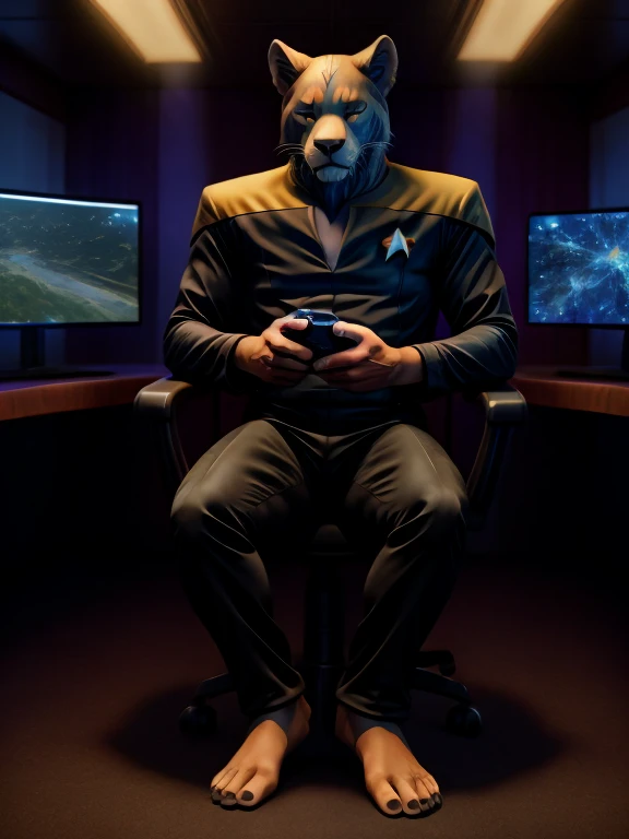 full body picture, full figure image, masterpiece, best quality, soft light, bokeh, real shadow, cinematic, The barefoot male muscular furry character resembling Scar from Lion King exudes confidence and authority as he sits in the captains chair, and his ...