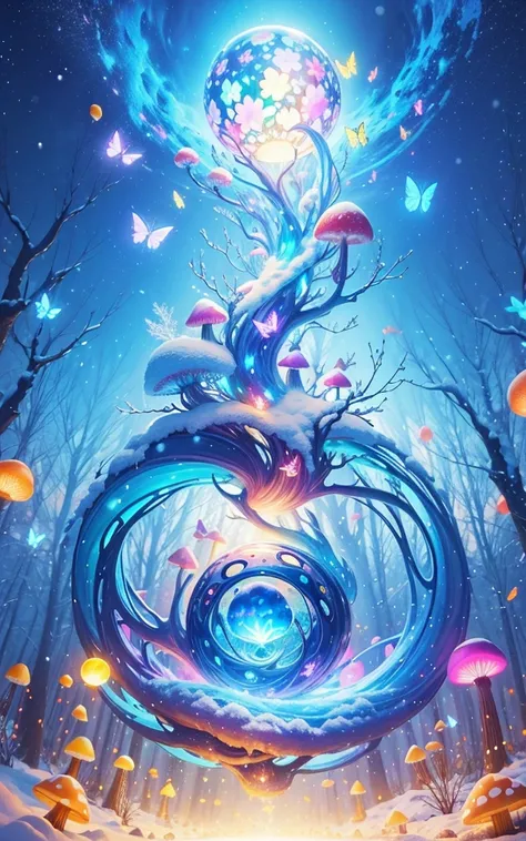 A beautiful magical orb that swirls with magical energy in brightly glowing vivid colors，snow forest and colorfull mushroom，lighting colorfull butterfly，big moon，blue river，Sakura，more followers