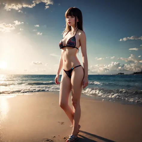 a KAWAII girl with a Halo  wearing a tiny string bikini, standing on a sandy beach, under the warm sunset light. Her eyes look captivating and mysterious, with long eyelashes and a hint of playful charm. The bikini is pure white, with elaborate lace patter...