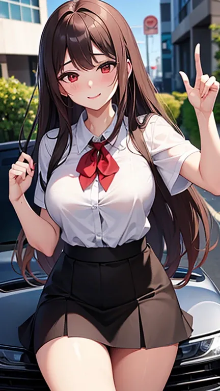 20 years old, beautiful, shy face, blushing, ahegao, red eye, in front of car, blouse and skirt, light brown long hair, tieknot smile