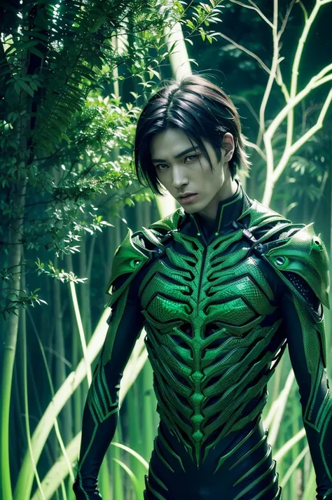 (a supernatural green Japanese male entity:1.1, half man:1.1, half lizad, technorganic saber:1.1), (medium:1.2, digital art), detailed human anatomy, lizad-like exoskeleton, glowing eyes, intricate tribal design, jungle background, vibrant colors, dramatic...