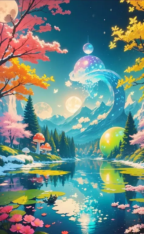 beautiful magic ball，full of magical energy，Bright colors，Snow Forest and Creation Mushroom，Lights create glowing butterfly，big moon，Blue River，Cherry blossoms，more followers