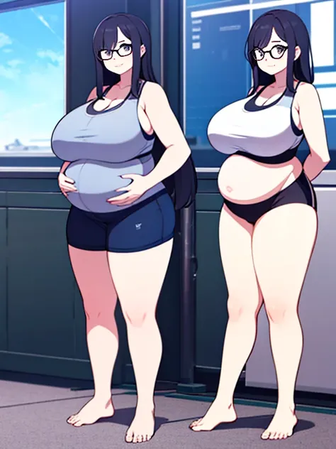 (Very high quality, detailed) A full body image of a pregnant girl wearing a sports bra, very thight shorts and glasses, shes standing barefoot and has very big breasts, long hair and a pretty thick body. She has her hands on her belly and her belly is unc...