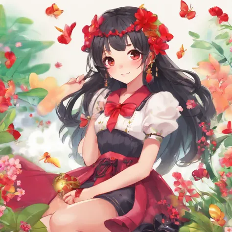 Poker face,,(dark fantasy),((Wonderful illustrations)),(Details fly), long black hair, red pupils, girl, Solid black dress, collar only, The cuffs and skirt are dark red, There is a red butterfly hairpin pinned next to her ear., masterpiece, best quality, ...