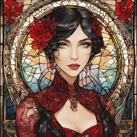 Poker face,,(dark fantasy),((Wonderful illustrations)),(Details fly), long black hair, red pupils, girl, Solid black dress, collar only, The cuffs and skirt are dark red, There is a red butterfly hairpin pinned next to her ear., masterpiece, best quality, ...