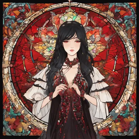 Poker face,,(dark fantasy),((Wonderful illustrations)),(Details fly), long black hair, red pupils, girl, Solid black dress, collar only, The cuffs and skirt are dark red, There is a red butterfly hairpin pinned next to her ear., masterpiece, best quality, ...