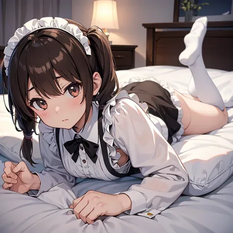 girl, anime, master piece, best quality, ultra-detailed, lie on bed, feet apart, maid, brown pigtails, enraptured expression, admiring