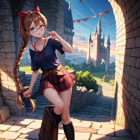 reddish-brown blonde、blue hair、blue eyes、ponytail、Braid、one good looking girl、solo、anime、Plaid miniskirt、camisole、black t-shirt、Tilting your face、Doing the ribbon、Ribbon at waist、sunset sky、stone stairs、tunnel、Fallen leaves、wearing glasses、Light and shadow...