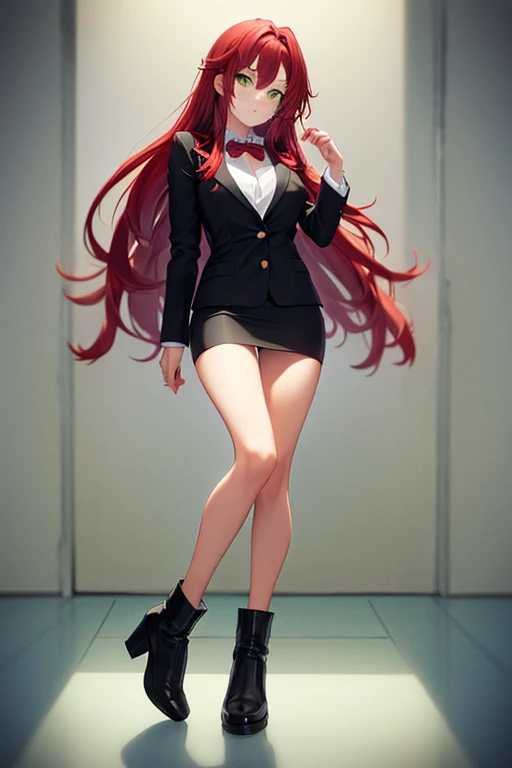 1 girl,  ( red hair, long hair, green eyes) black blazer, 80s anime style, full body, medium layered hairstyle,