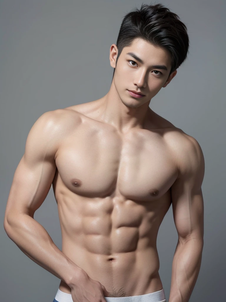 Japanese male model in a briefs, Full Body Shoot, Quiff haircut, look at camera, detailed facial parts, Manly, Charmer, Active Boy, stand in front of gray background, Freestyle Pose, Happy Expression, perfect anatomy, symmetric body, asian boy 19 years old...