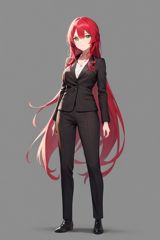 1 girl,  ( red hair, long hair, green eyes) black blazer, 80s anime style, full body, medium layered hairstyle,