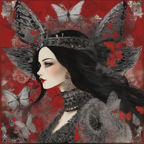 Poker face,,(dark fantasy),((Wonderful illustrations)),(Details fly), long black hair, red pupils, girl, Solid black dress, collar only, The cuffs and skirt are dark red, There is a red butterfly hairpin pinned next to her ear., masterpiece, best quality, ...