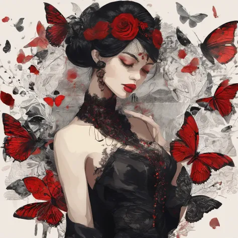 Poker face,,(dark fantasy),((Wonderful illustrations)),(Details fly), long black hair, red pupils, girl, Solid black dress, collar only, The cuffs and skirt are dark red, There is a red butterfly hairpin pinned next to her ear., masterpiece, best quality, ...