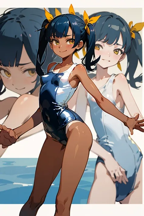 ((highest quality)), ((masterpiece)), (be familiar with), perfect face 1girl, alone, long hair, smile, black hair, ribbon, twin tails, swimsuit, hair ribbon, yellow eyes, black skin, flat chest, two side up, one-piece swimsuit, school swimsuit, tan, white ...