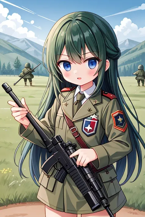 girls in military uniform, holding weapons, on the battlefield