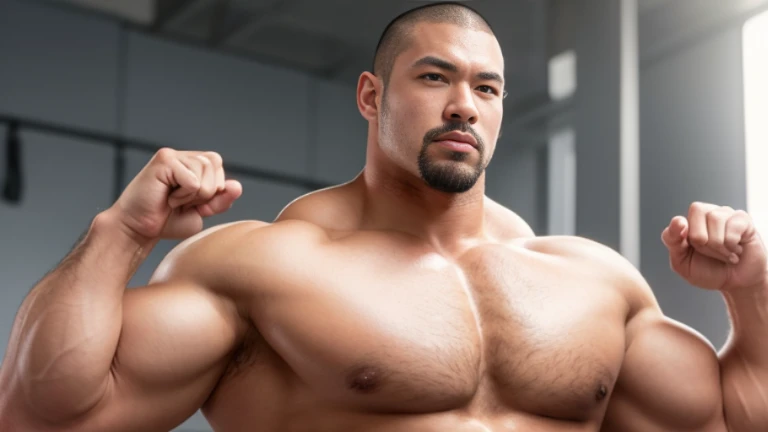 (Highly detailed 8K wallpaper), asian man, muscle worship, fold your arms, On the playground, baseball uniform, high detail, very short hair, skin head, Circular cut, very large and strong body, bulging muscles, muscular, very large pectoral muscles. Very ...