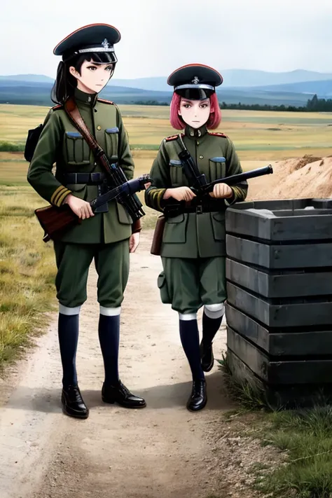 girls in military uniform from the first world war, holding weapons, on the battlefield