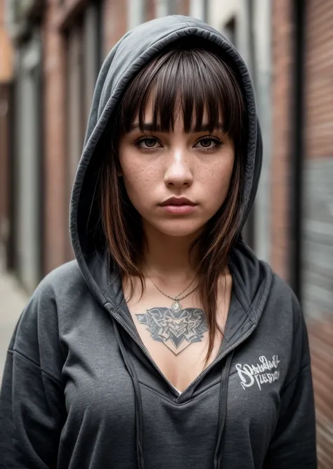 best quality, masterpiece, RAW photo, photorealistic, detailed, woman, hoodie, arm tattoo, portrait, asymmetrical bangs, bandaid, short hair, bangs, breasts, freckles, grey eyes, breasts, looking at viewer, neck tattoo, nose piercing, mov hair, solo, tatto...