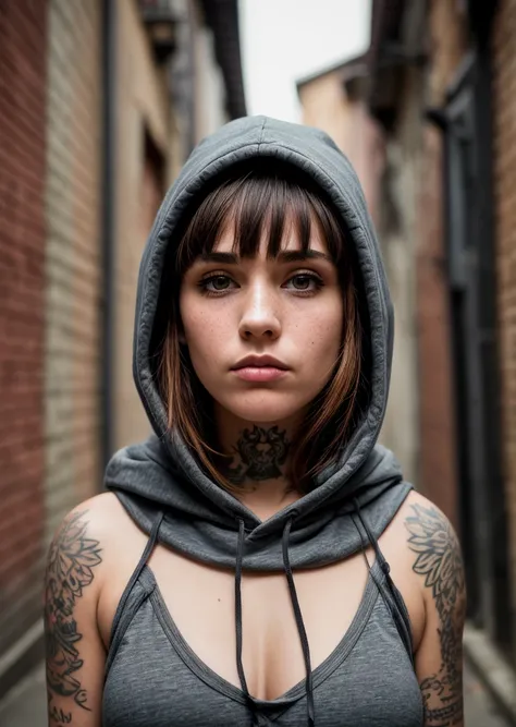 best quality, masterpiece, RAW photo, photorealistic, detailed, woman, hoodie, arm tattoo, portrait, asymmetrical bangs, bandaid, short hair, bangs, breasts, freckles, grey eyes, breasts, looking at viewer, neck tattoo, nose piercing, mov hair, solo, tatto...