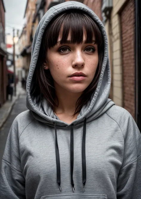 best quality, masterpiece, RAW photo, photorealistic, detailed, woman, hoodie, arm tattoo, portrait, asymmetrical bangs, bandaid, short hair, bangs, breasts, freckles, grey eyes, breasts, looking at viewer, neck tattoo, nose piercing, mov hair, solo, tatto...