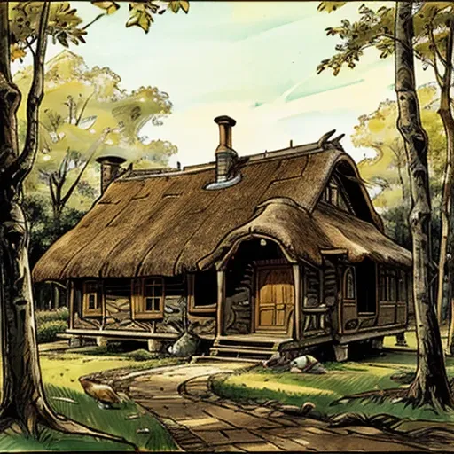 Rustic medieval thatched roof hut in the forest 