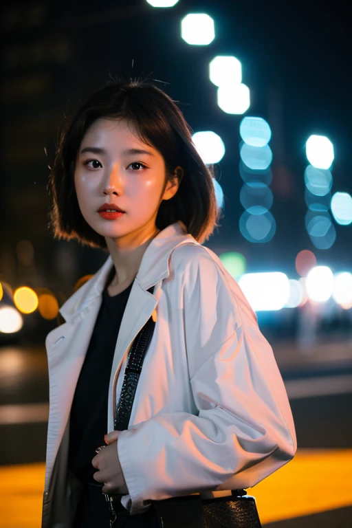 (cinematic aesthetic:1.4) Beautiful Korean fashion model bokeh city night photo