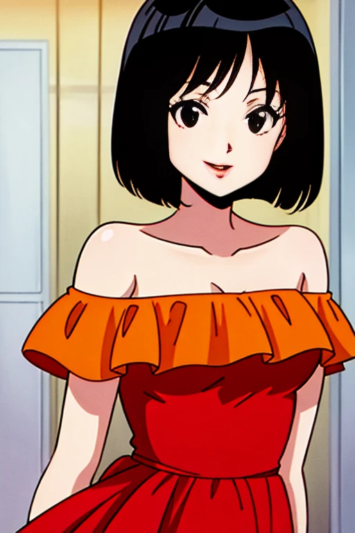 A Female with short black hair, bob cut, black eyes, Red lips, strapless, orange flamenco dress, shortsleeved orange ruffle off the shoulder top, black maxi skirt, bare shoulders, standing in a indoor room in style of digital illustration, anime, 1 girl, s...