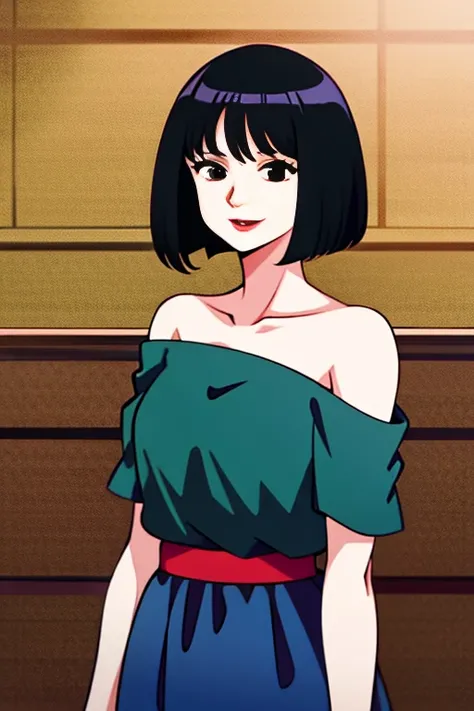 A Female with short black hair, bob cut, black eyes, Red lips, strapless, orange flamenco dress, shortsleeved orange ruffle off the shoulder top, black maxi skirt, bare shoulders, standing in a indoor room in style of digital illustration, anime, 1 girl, s...