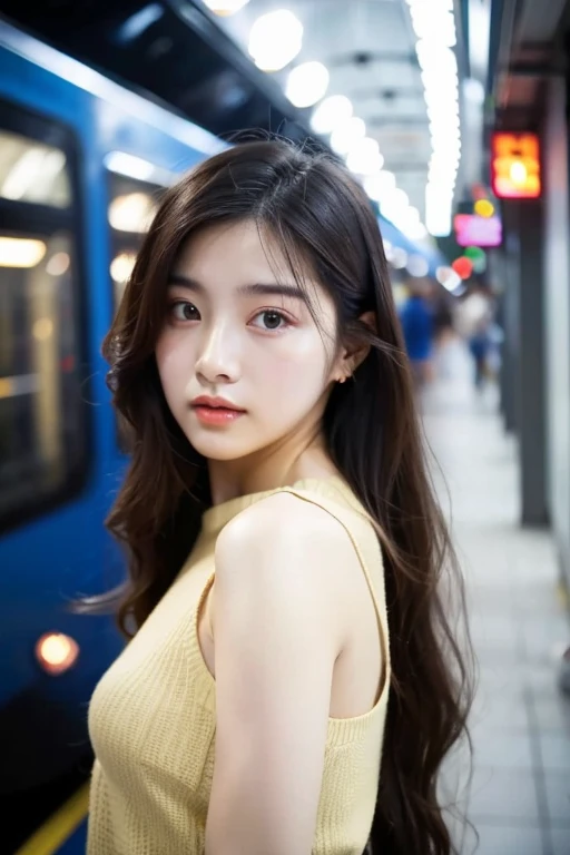 Beautiful Korean fashion model bokeh train movie photo