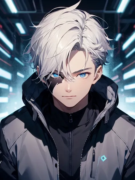 1 boy,Wearing a black jacket，Blue energy runs through the entire jacket,white hair,close-up, Futuristic masks,Blue outline on jacket,dark blue eyes, messy wavy hair, Super detailed eyes, glowing eyes, Digital art of the highest quality, amazing art, wallpa...