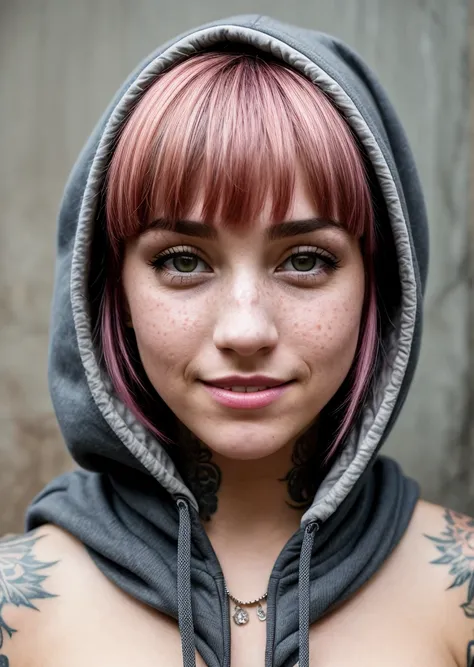 best quality, masterpiece, RAW photo, photorealistic, detailed, woman, hoodie, arm tattoo, portrait, asymmetrical bangs, bandaid, short hair, bangs, breasts, freckles, grey eyes, breasts, looking at viewer, neck tattoo, nose piercing, pink hair, solo, tatt...