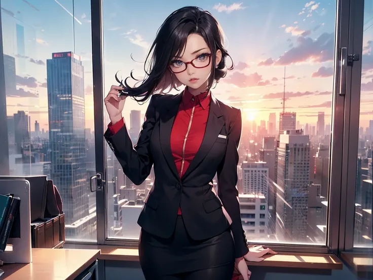 (((Sarada Uchiha))), ((Sarada Uchiha, alone, sozinha, melhor qualidade, seios pequenos, small breasts, In an office, window with landscape of a metropolis, raios de Sol)), ((altamente detalhado)), obra de arte, (olhos detalhados, olhos profundos), (2 menin...