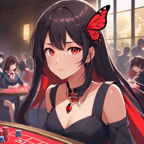 Poker face,,(dark fantasy),((Wonderful illustrations)),(Details fly), long black hair, red pupils, girl, Solid black dress, collar only, The cuffs and skirt are dark red, There is a red butterfly hairpin pinned next to her ear., masterpiece, best quality, ...