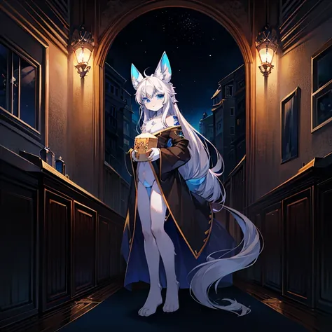 Anime character with blue eyes and white hair, 2D animation style, One blue ) and huge bat ears, anime cover, Inspired by Bian Shoumin, from the night of the ark, Anime cute art style, Reggoth from Beast Star, anime style, 2D animation, His head is very lo...