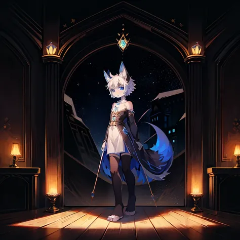 Anime character with blue eyes and white hair, 2D animation style, One blue ) and huge bat ears, anime cover, Inspired by Bian Shoumin, from the night of the ark, Anime cute art style, Reggoth from Beast Star, anime style, 2D animation, His head is very lo...