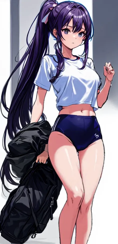 A beautiful woman with long, shoulder-length hair tied in a ponytail with a pale pink ribbon stands in the school hallway wearing a white gym uniform on top and navy blue bloomers shaped like panties on the bottom. I have。