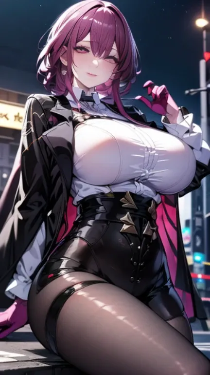 A sexy woman on the road at night,kafka,black  jacket,Purple gloves,
huge filesize,artbook,medium breasts,cinematic_angle,Black stockings,slender_waist,, (masterpiece, high resolution, best quality:1.4, breathtaking, ultra detailed), large breasts, huge la...