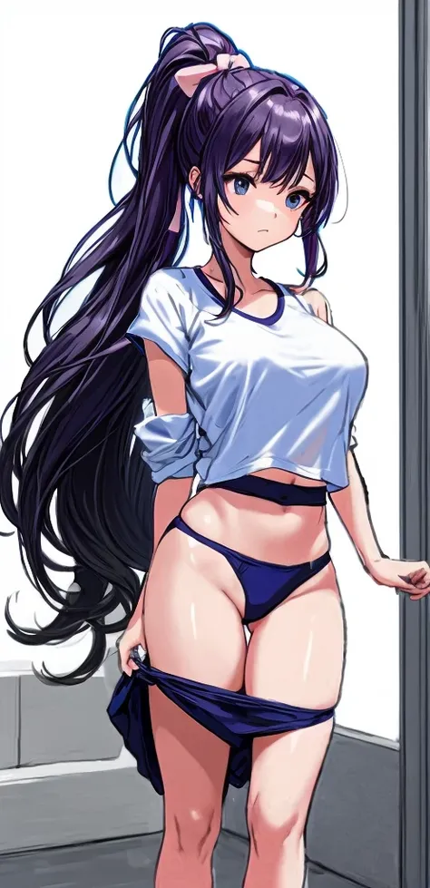 A beautiful woman with a crisp face and shoulder-length long hair tied in a ponytail with a pale pink ribbon was wearing gym clothes with white tops and navy blue bloomers with panty-like bottoms. standing in the school hallway。