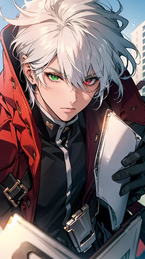 1young man,((heterochromia,right eye is red eye,left eye is green)),silver hair,modern buildings on the background,((best quality:1.3)), high quality, masterpiece,ultra-detailed 